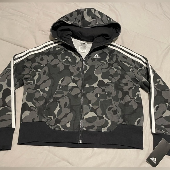 adidas Other - NWT Adidas Loose Fit Zip Hoodie Girls, size L, black/gray Camo pattern
